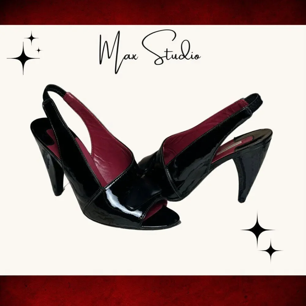 MAX STUDIO  'PEGGY' Black / Burgundy Leather Slingback Pumps w/embellishment EUC